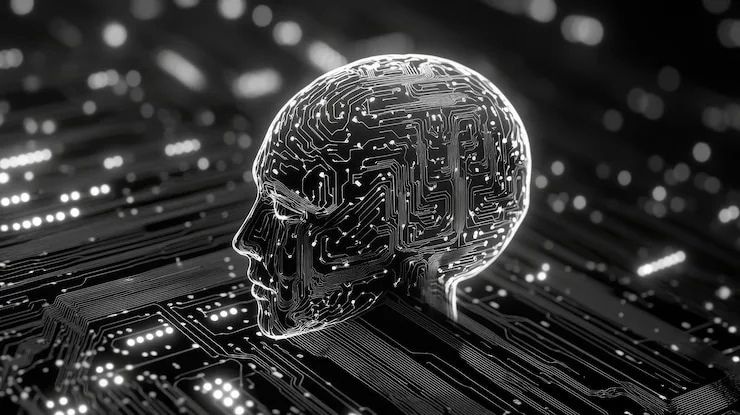 Monochrome illustration of a head in profile with a circuit-board pattern forming the brain