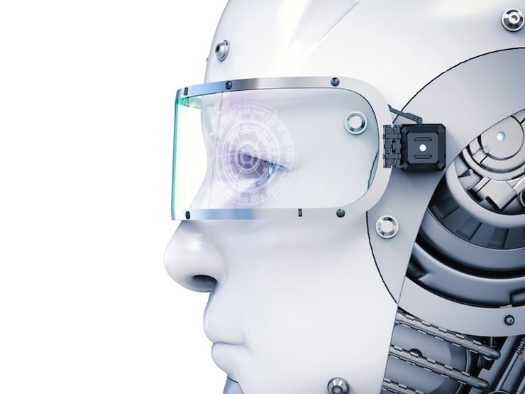 Illustration of a white humanoid robot head in profile wearing a clear visor