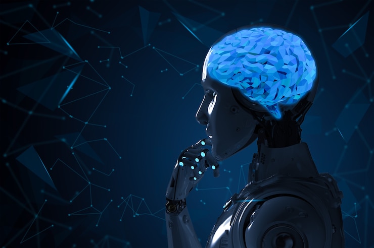 Illustration of a dark humanoid robot with a glowing blue brain, resting a hand at its chin
