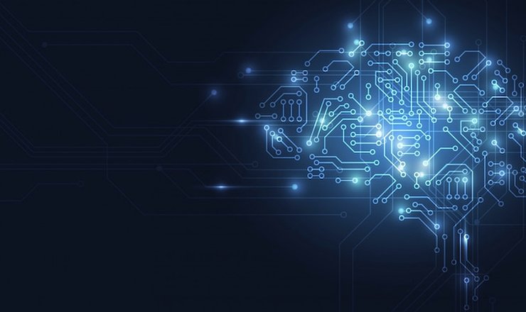 Illustration of a brain drawn as glowing blue circuit lines on a dark background