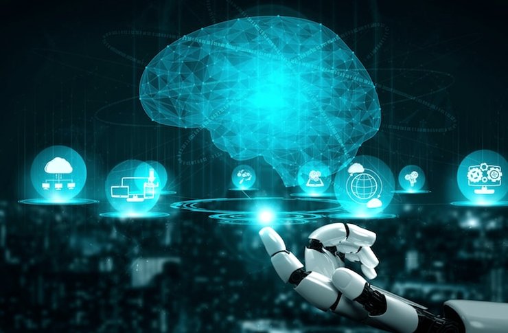 Illustration of a robotic hand holding up app icons beneath a glowing teal brain