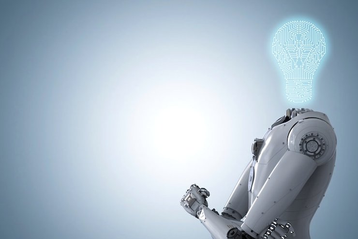 Illustration of a white robotic figure with a glowing light bulb in place of a head