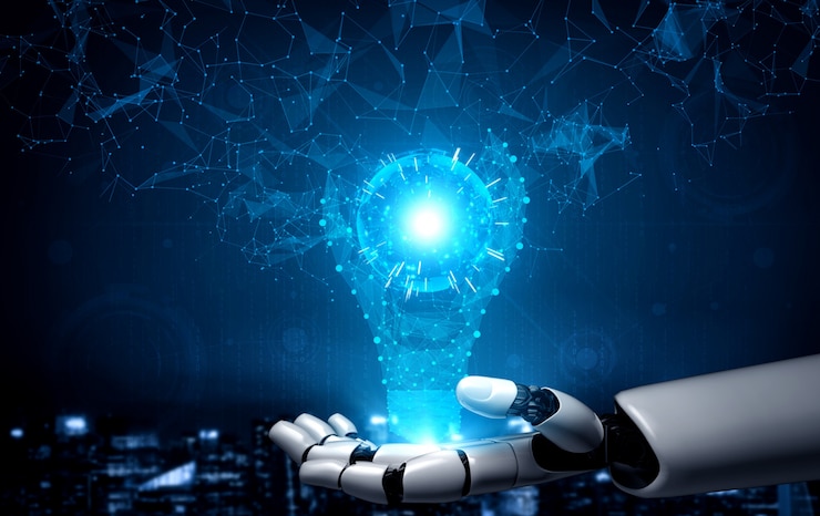 Illustration of a robotic hand holding a glowing light bulb above a night cityscape