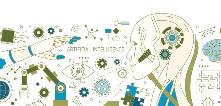 Flat illustration of AI themes: a robot head, gears, a brain, a puzzle piece and a maze