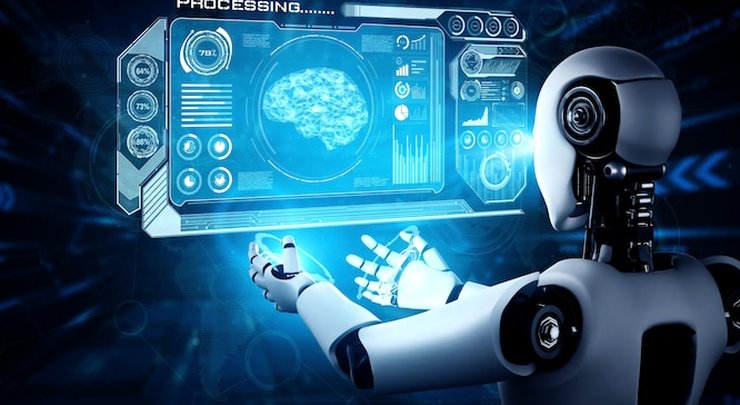 Illustration of a humanoid robot holding a holographic display showing a brain