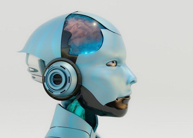 Illustration of a blue android head wearing headphones with a glowing brain visible inside