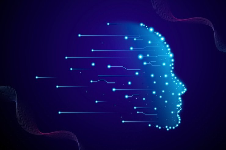 Illustration of a head in profile made of glowing dots and circuit lines on deep blue